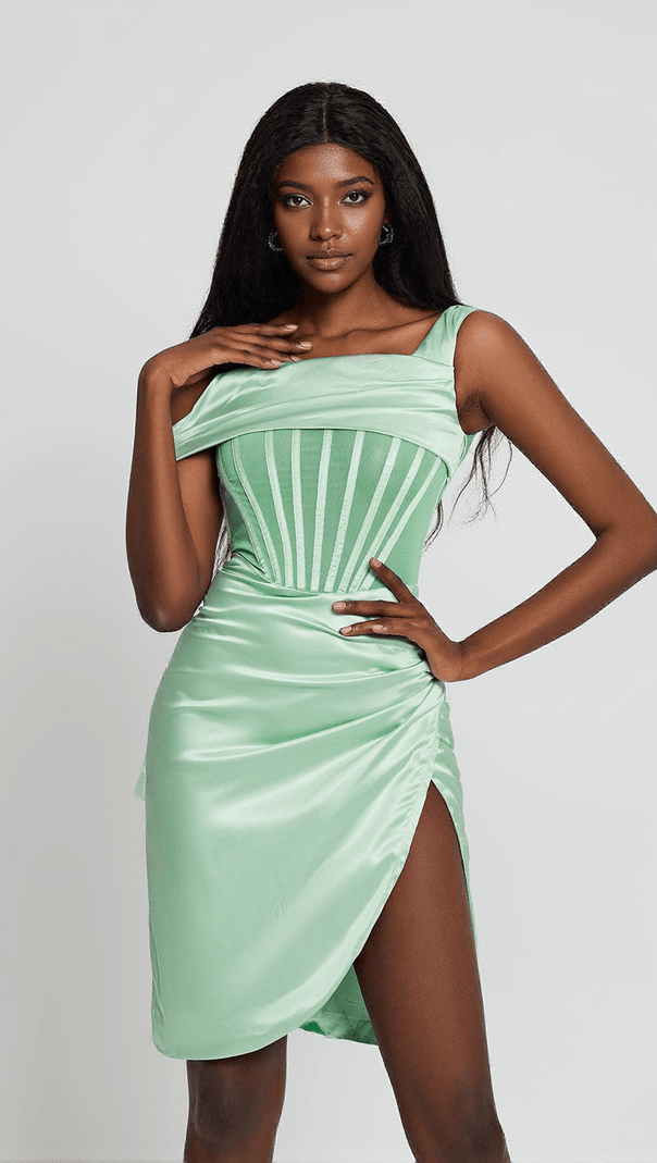 AIIZIE ARIELLA SATIN CORSET DRESS IN MINT - product image