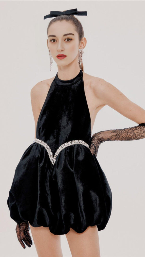 AIIZIE VELVET HALTERNECK MINI DRESS IN BLACK - product image