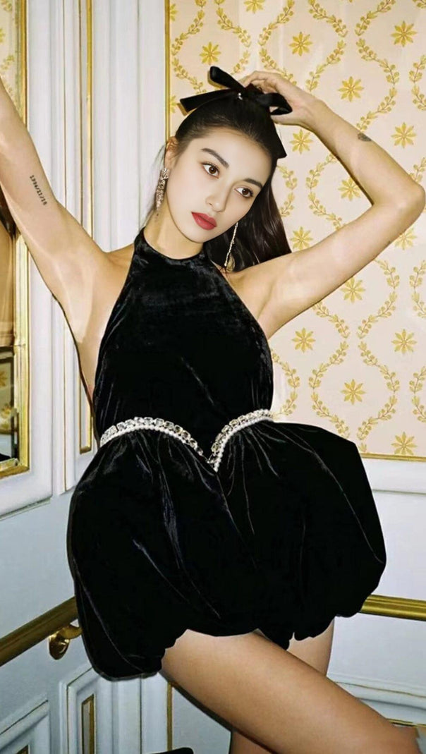 AIIZIE VELVET HALTERNECK MINI DRESS IN BLACK - product image