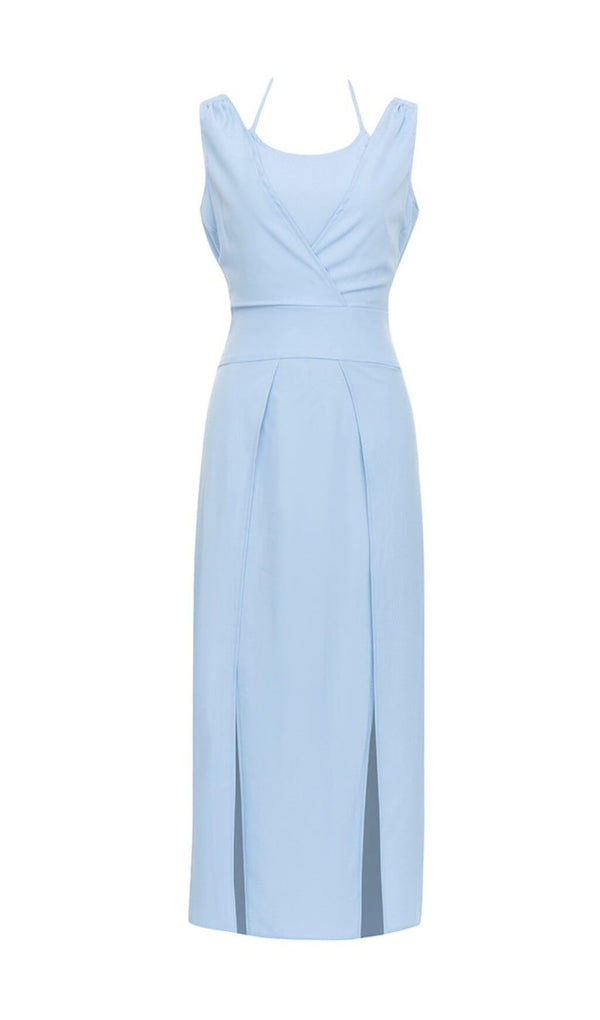 LIGHT BLUE BACKLESS SUSPENDER TIGHT SLIT DRESS