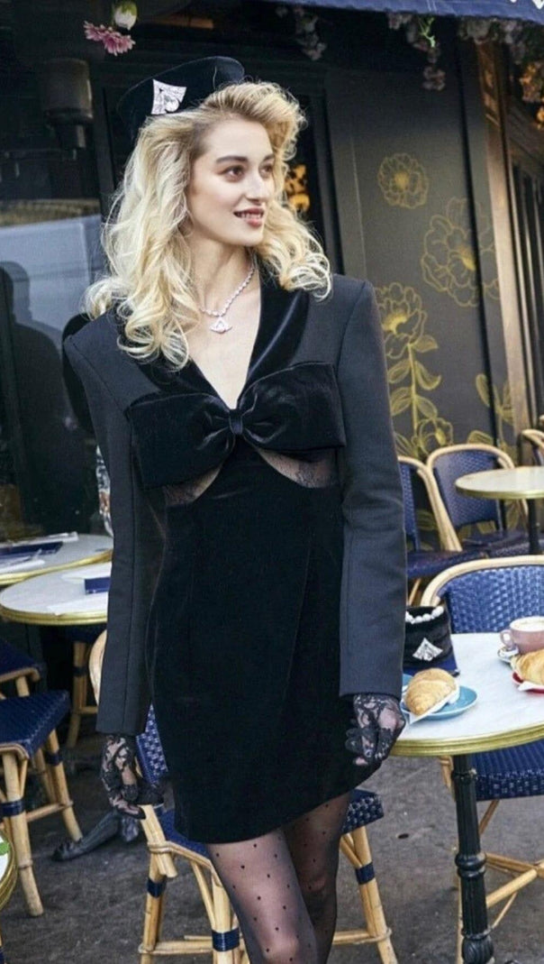 AIIZIE V-NECK BOW MINI DRESS IN BLACK - product image