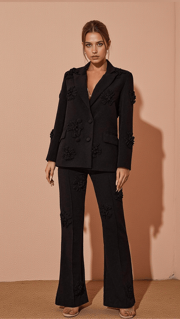 AIIZIE INDIANA FLORAL EMBELLISHED BLAZER SET IN BLACK - product image