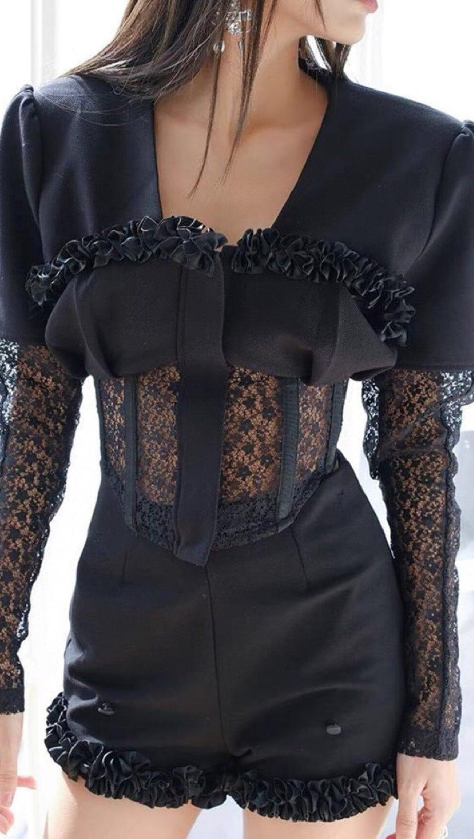 Zweiteiliger Netzkorsettanzug in Schwarz