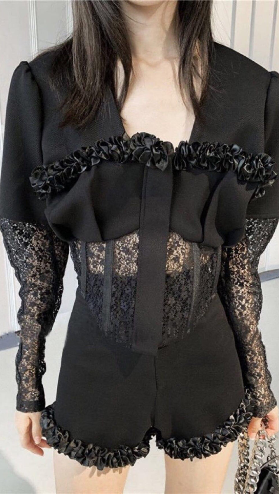 Zweiteiliger Netzkorsettanzug in Schwarz