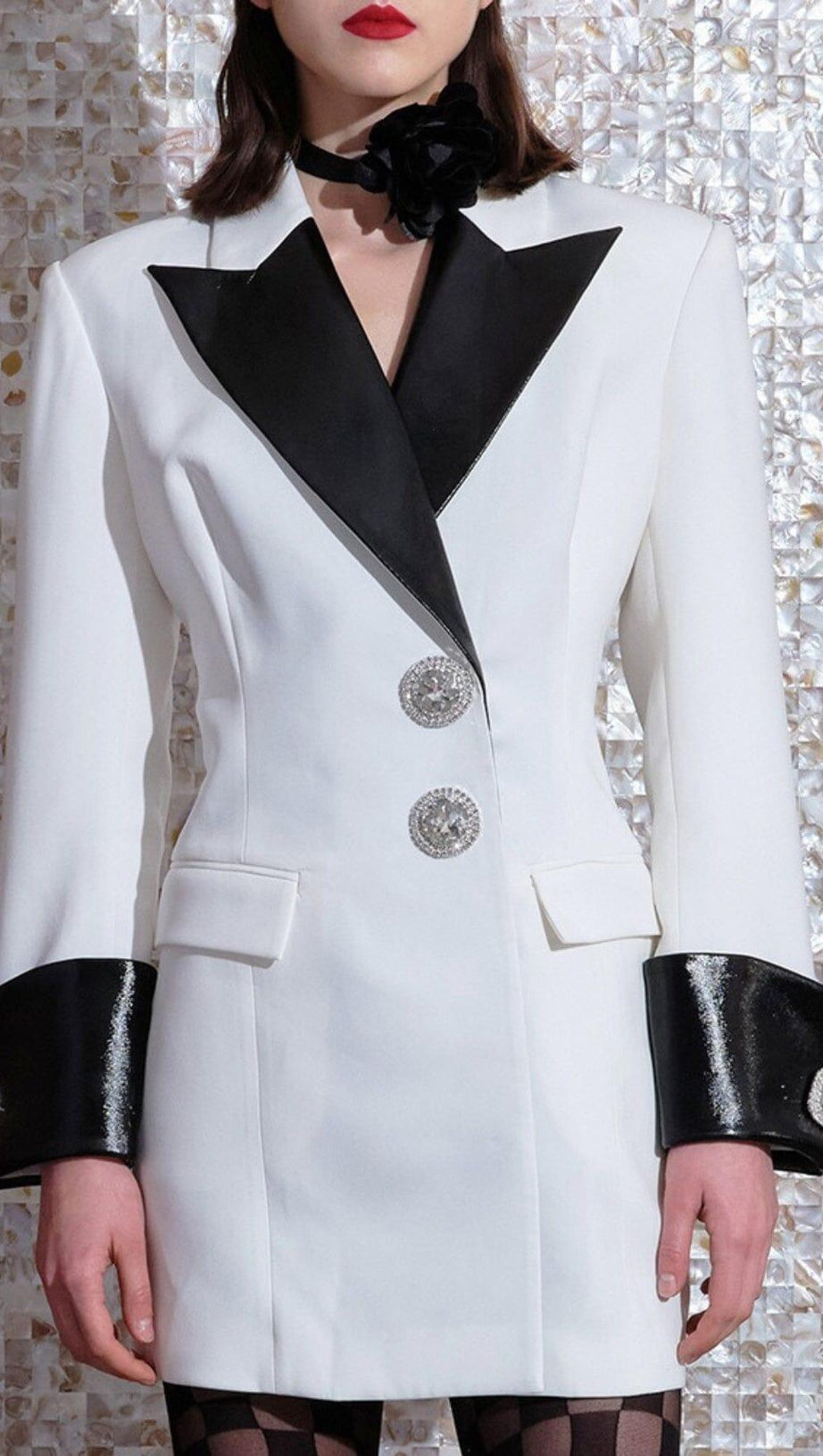 DIAMOND BUTTON LEATHER PATCHWORK BLAZER