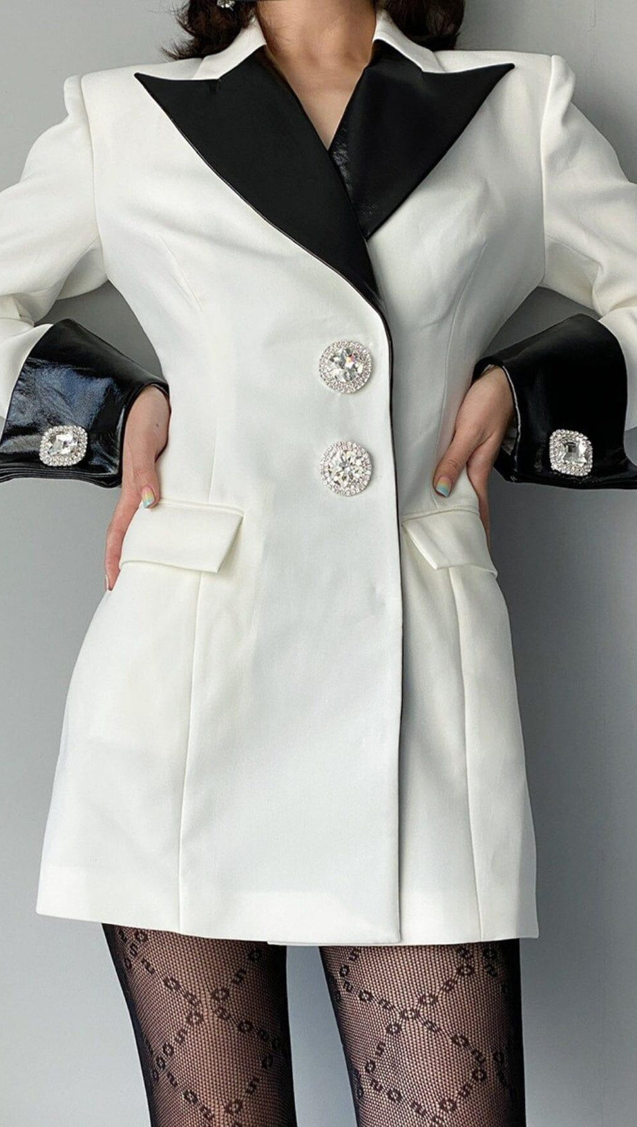 DIAMOND BUTTON LEATHER PATCHWORK BLAZER