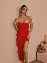 Elsie Strapless Ruffle Dress in Red