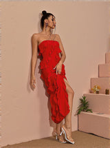 Elsie Strapless Ruffle Dress in Red