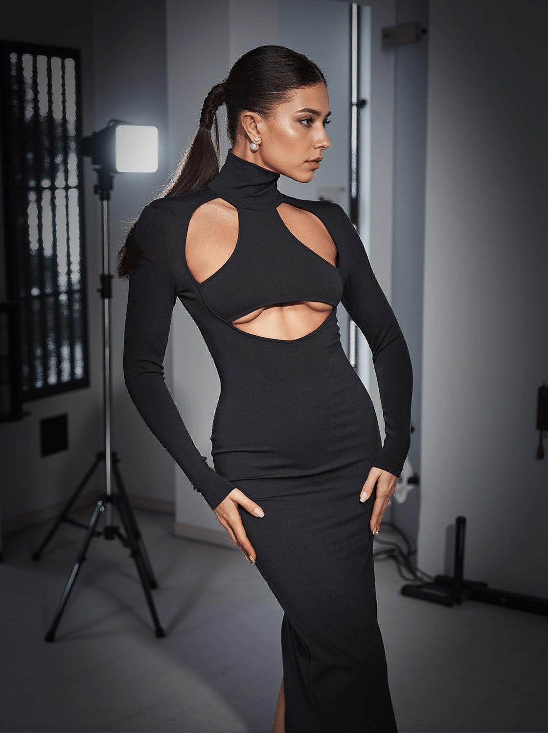 OAKLEY TURTLENECK LONG SLEEVE CUTOUT DRESS