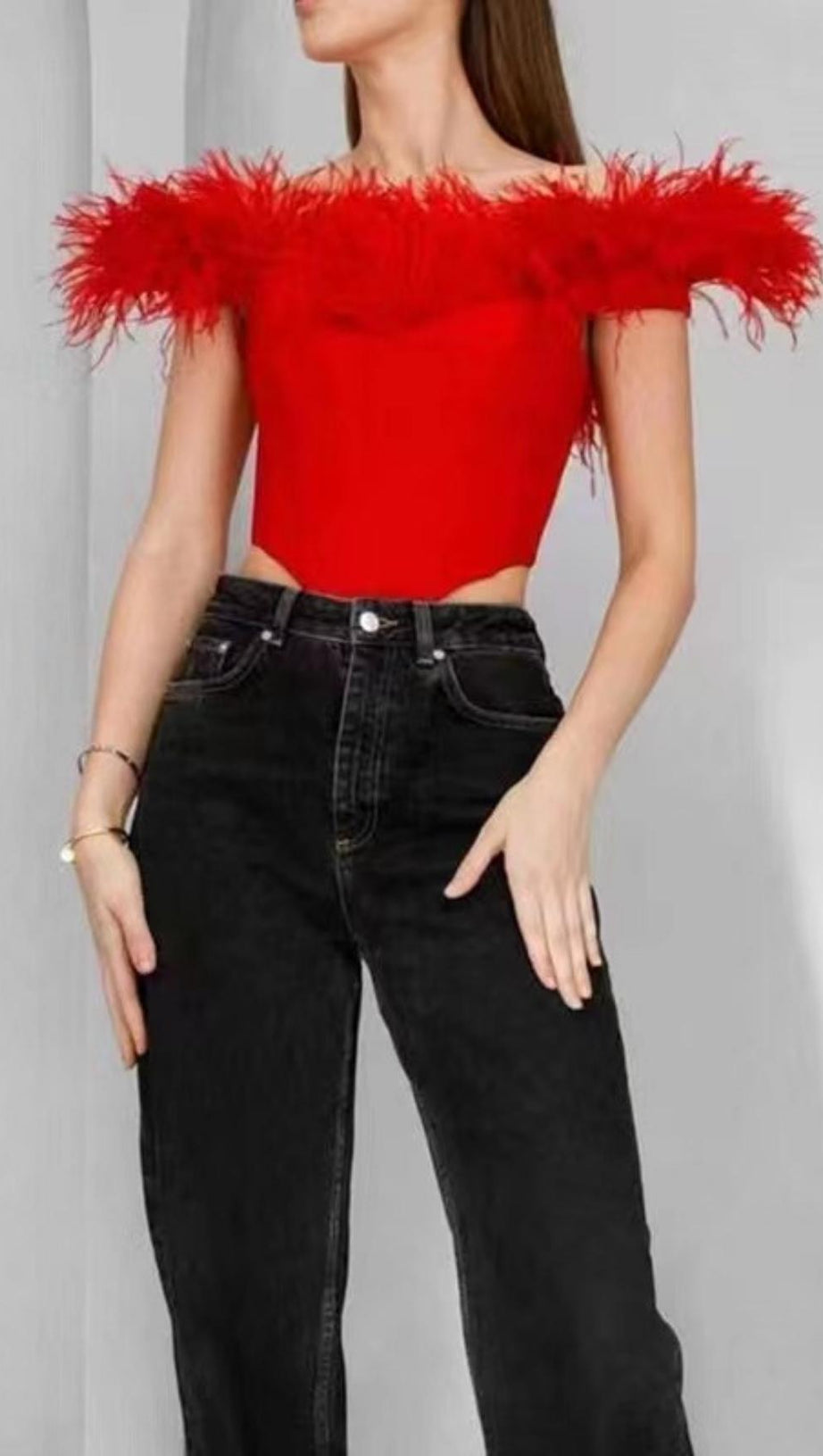 OFF SHOULDER FEATHER CORSET TOP