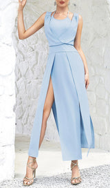 LIGHT BLUE BACKLESS SUSPENDER TIGHT SLIT DRESS