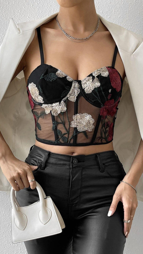 AIIZIE EMBROIDERED FLOWERS CORSET TOP IN BLACK - product image