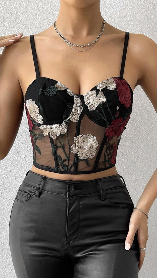 AIIZIE EMBROIDERED FLOWERS CORSET TOP IN BLACK - product image