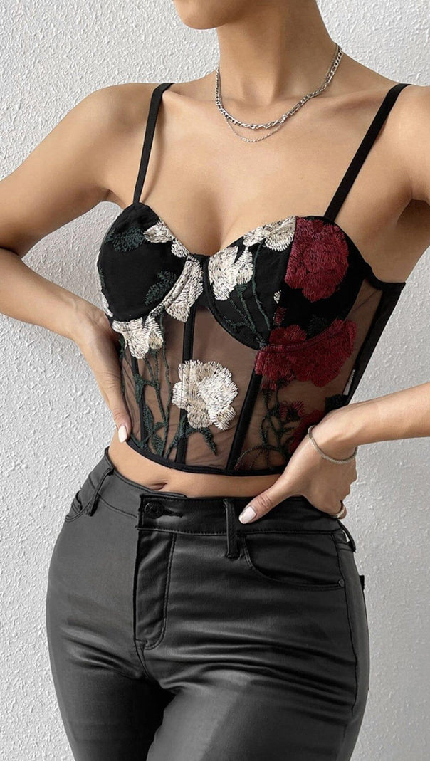 AIIZIE EMBROIDERED FLOWERS CORSET TOP IN BLACK - product image
