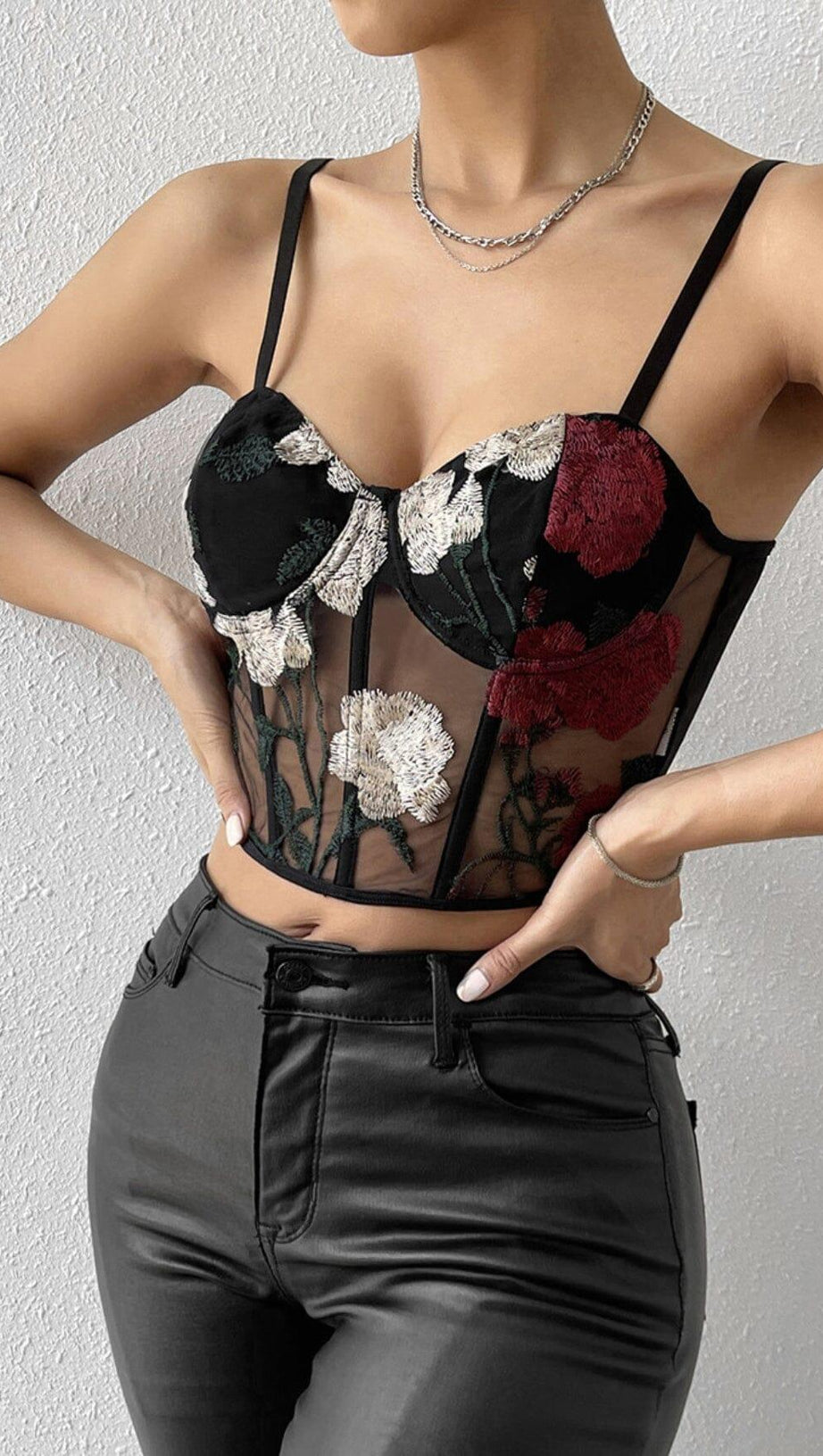 EMBROIDERED FLOWERS CORSET TOP IN BLACK