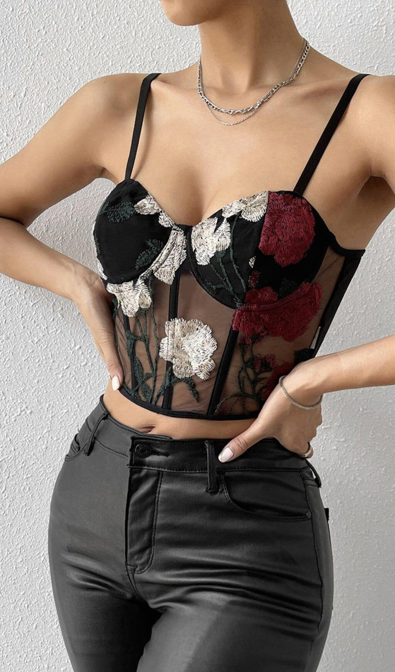 EMBROIDERED FLOWERS CORSET TOP IN BLACK