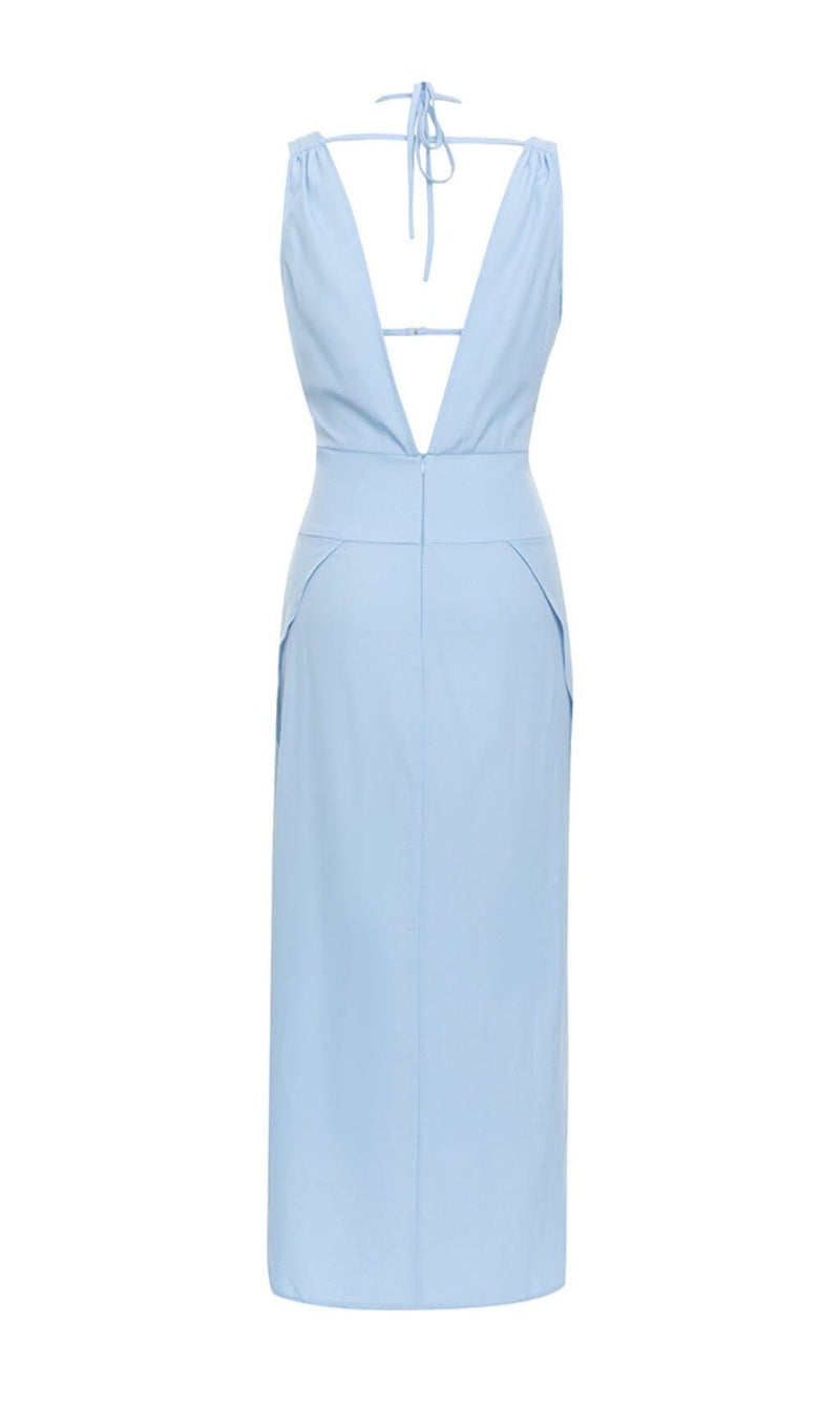 LIGHT BLUE BACKLESS SUSPENDER TIGHT SLIT DRESS