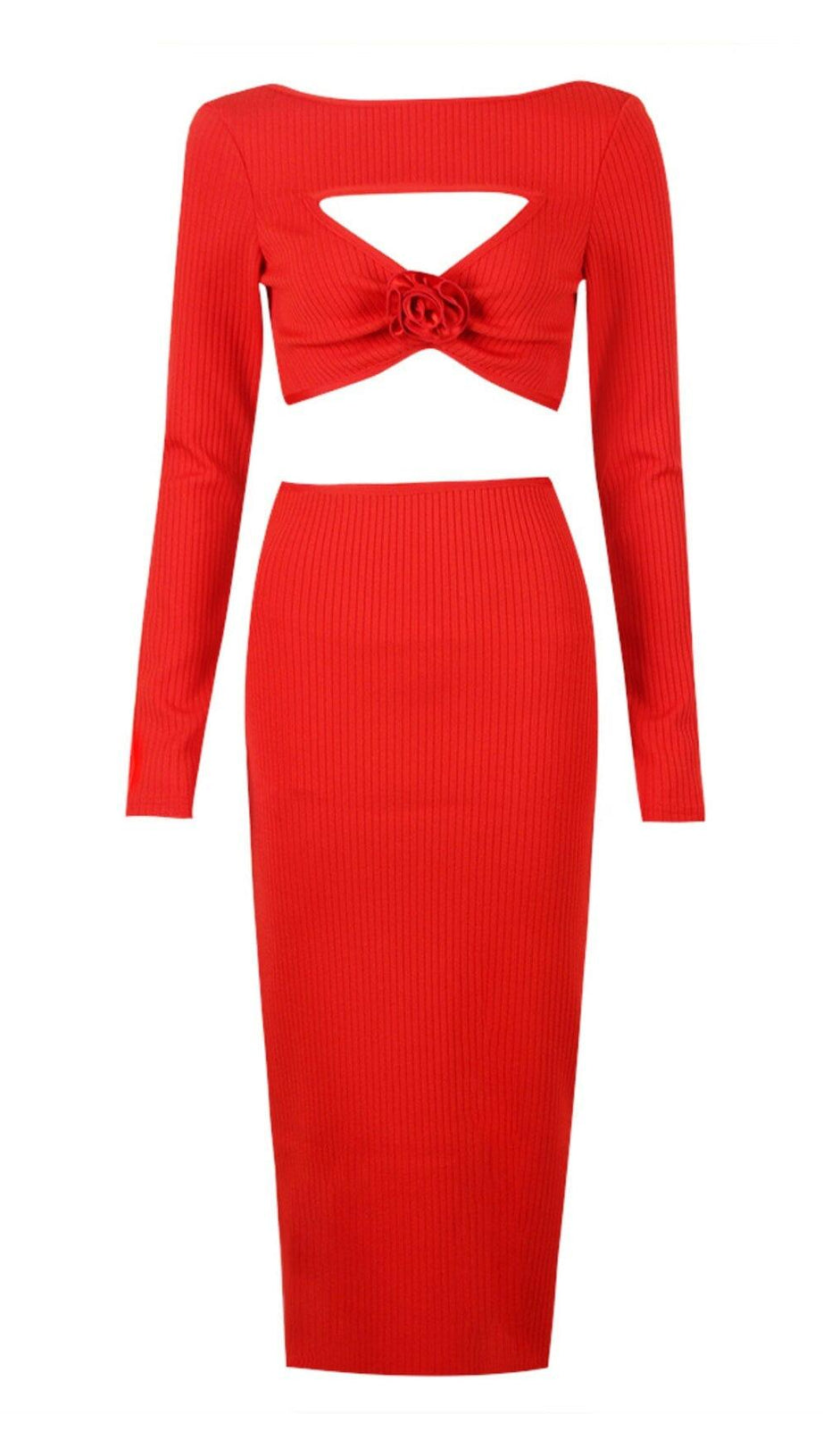 CUTOUT LONG SLEEVE  MIDI DRESS IN RED