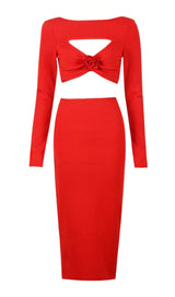 CUTOUT LONG SLEEVE  MIDI DRESS IN RED