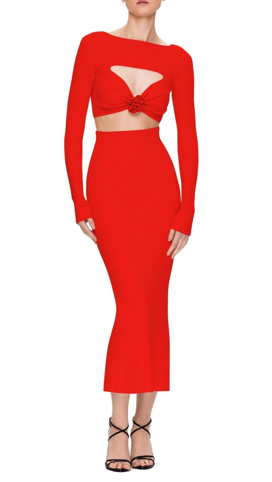 CUTOUT LONG SLEEVE  MIDI DRESS IN RED