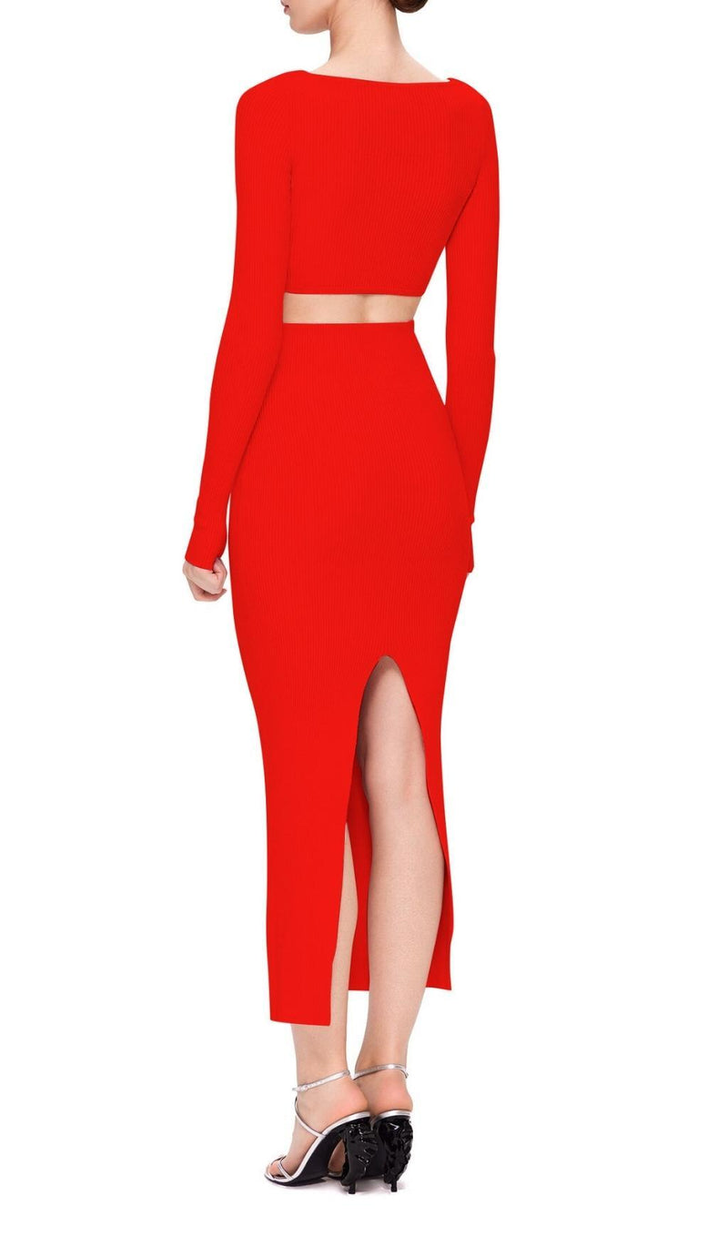 CUTOUT LONG SLEEVE  MIDI DRESS IN RED