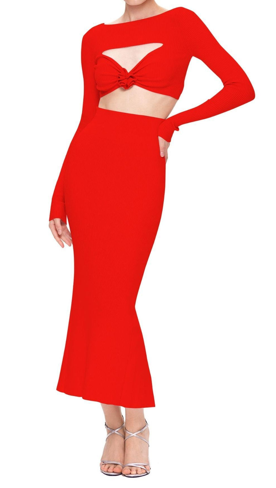 CUTOUT LONG SLEEVE  MIDI DRESS IN RED