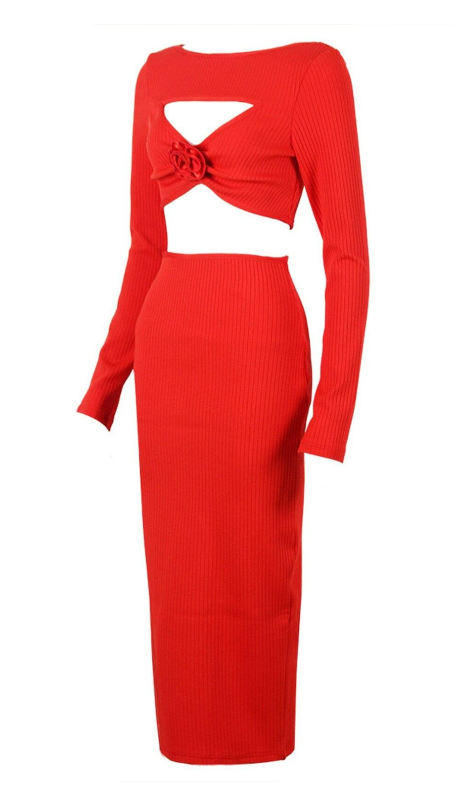 CUTOUT LONG SLEEVE  MIDI DRESS IN RED