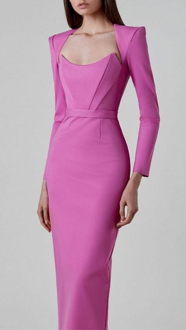 AIIZIE SQUARE SHOULDER CORSET MIDI DRESS IN PINK - product image