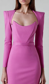 SQUARE SHOULDER CORSET MIDI DRESS IN PINK