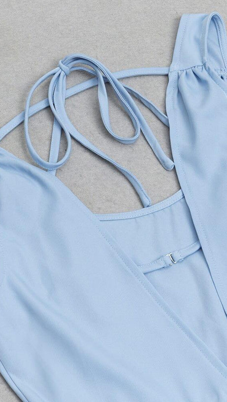LIGHT BLUE BACKLESS SUSPENDER TIGHT SLIT DRESS
