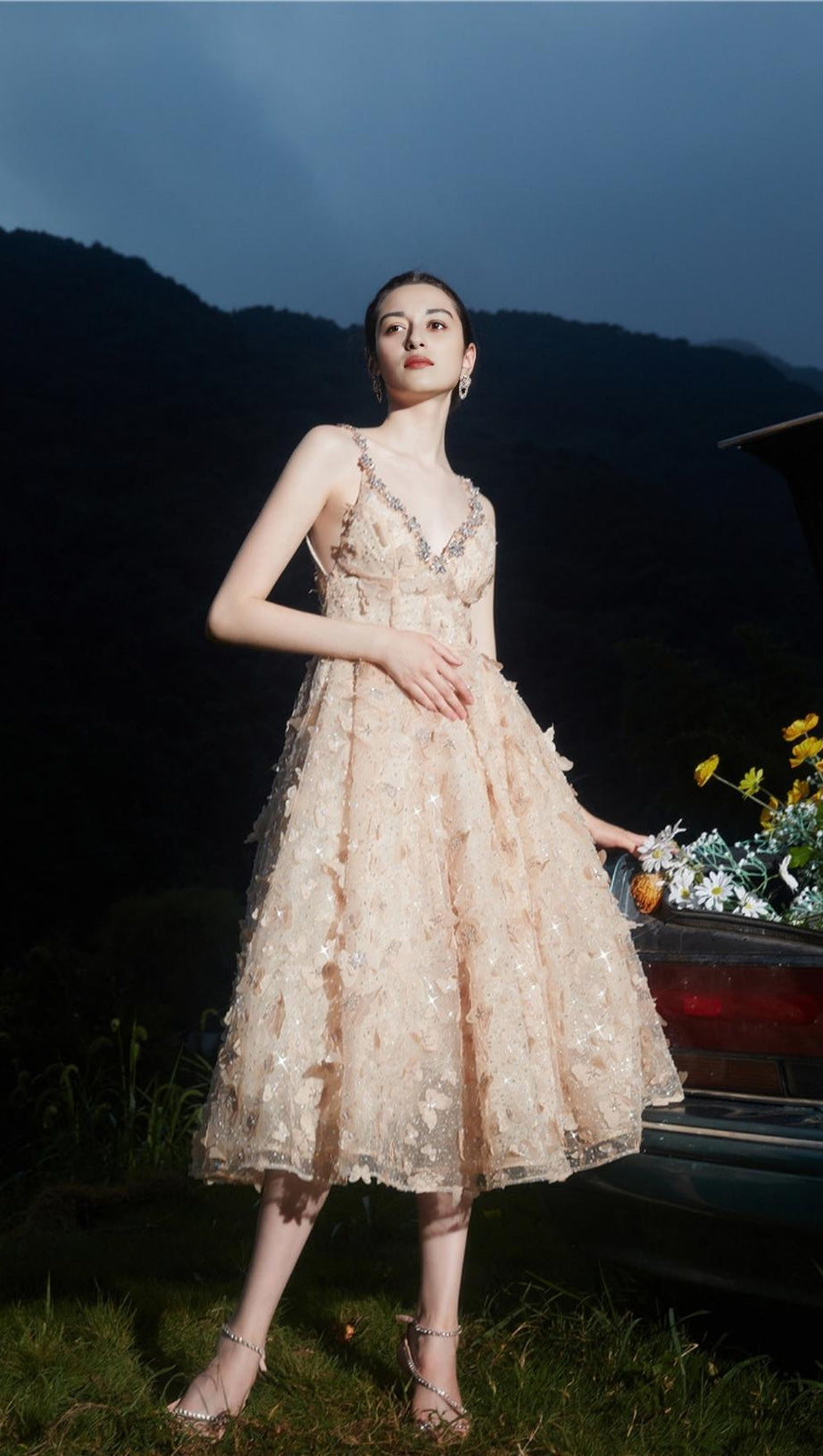 SEQUIN BUTTERFLY EMBELLISHED CRYSTAL MIDI DRESS