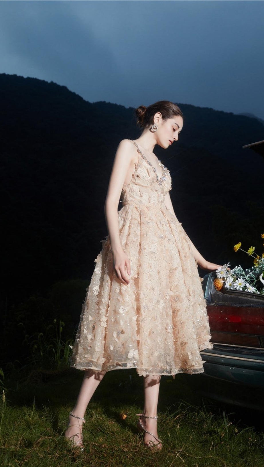 SEQUIN BUTTERFLY EMBELLISHED CRYSTAL MIDI DRESS