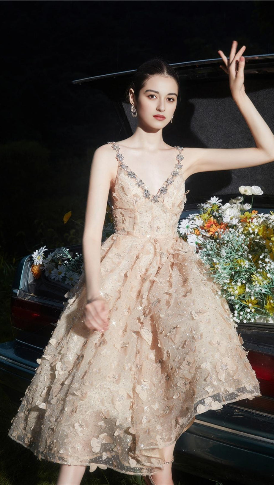 SEQUIN BUTTERFLY EMBELLISHED CRYSTAL MIDI DRESS