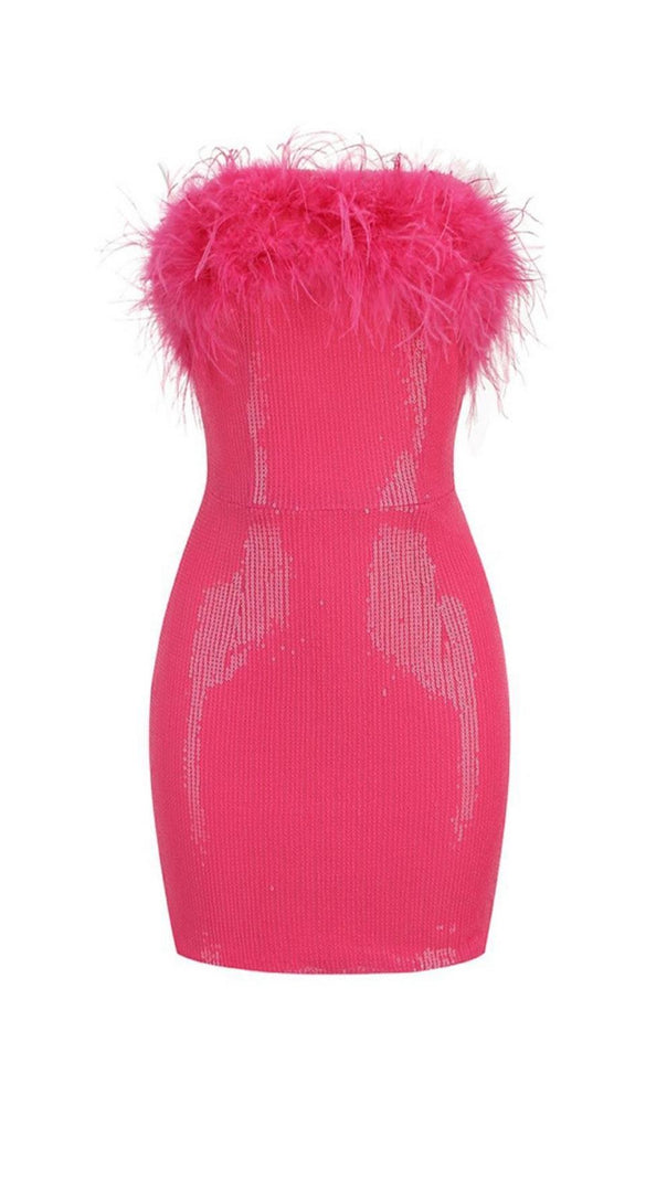 AIIZIE SEQUIN FEATHER STRAPLESS MINI DRESS IN PINK - product image