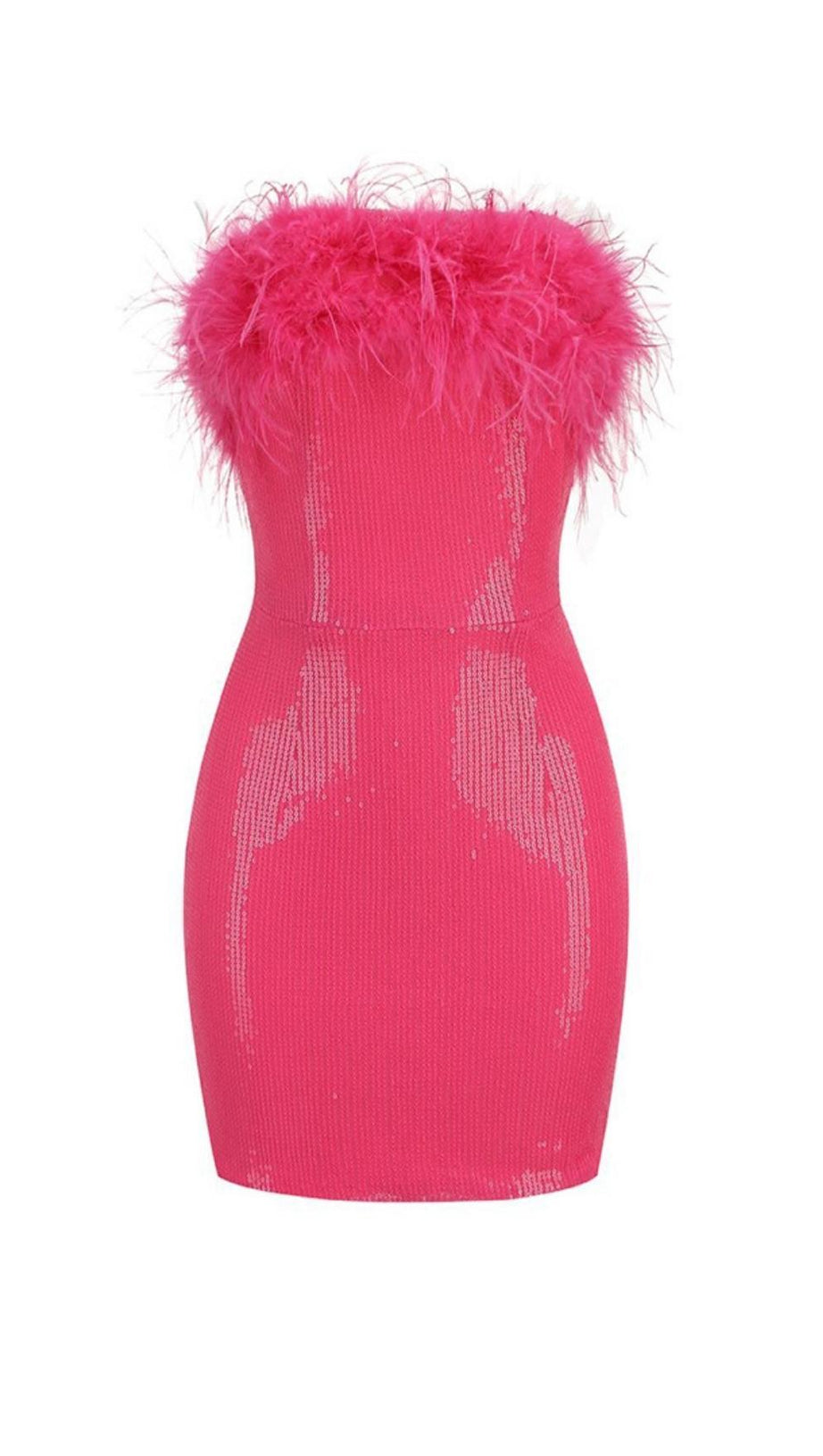 SEQUIN FEATHER STRAPLESS MINI DRESS IN PINK