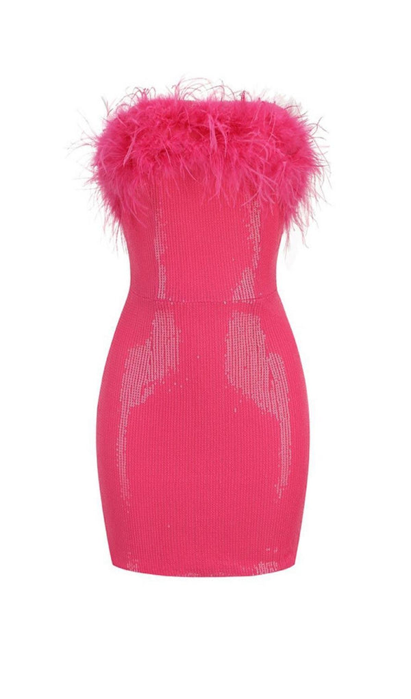 SEQUIN FEATHER STRAPLESS MINI DRESS IN PINK