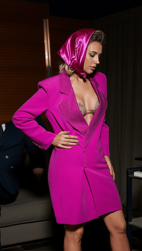 ALTA RHINESTONE V NECK COAT IN HOT PINK