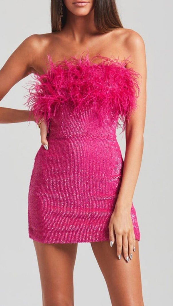 AIIZIE SEQUIN FEATHER STRAPLESS MINI DRESS IN PINK - product image