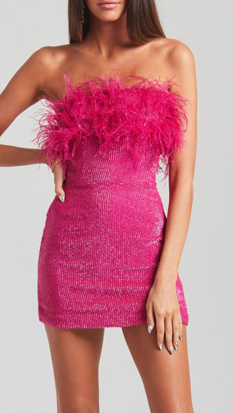 SEQUIN FEATHER STRAPLESS MINI DRESS IN PINK
