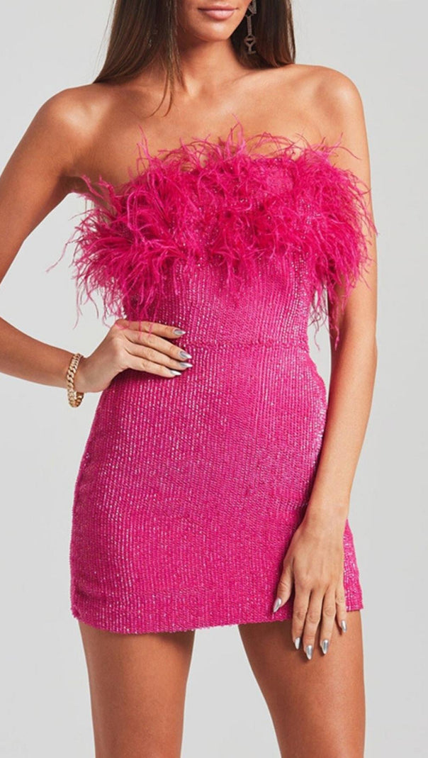 AIIZIE SEQUIN FEATHER STRAPLESS MINI DRESS IN PINK - product image