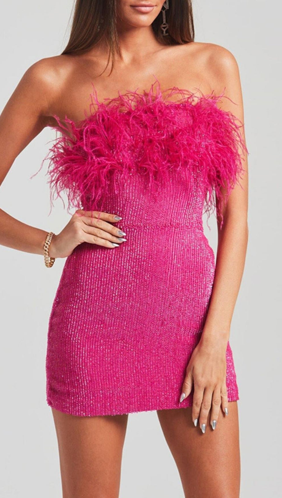 SEQUIN FEATHER STRAPLESS MINI DRESS IN PINK