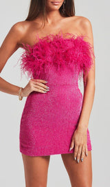 SEQUIN FEATHER STRAPLESS MINI DRESS IN PINK