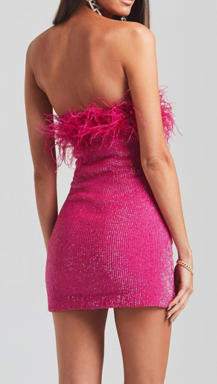 SEQUIN FEATHER STRAPLESS MINI DRESS IN PINK