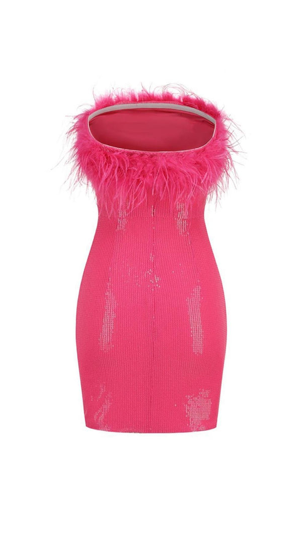 AIIZIE SEQUIN FEATHER STRAPLESS MINI DRESS IN PINK - product image