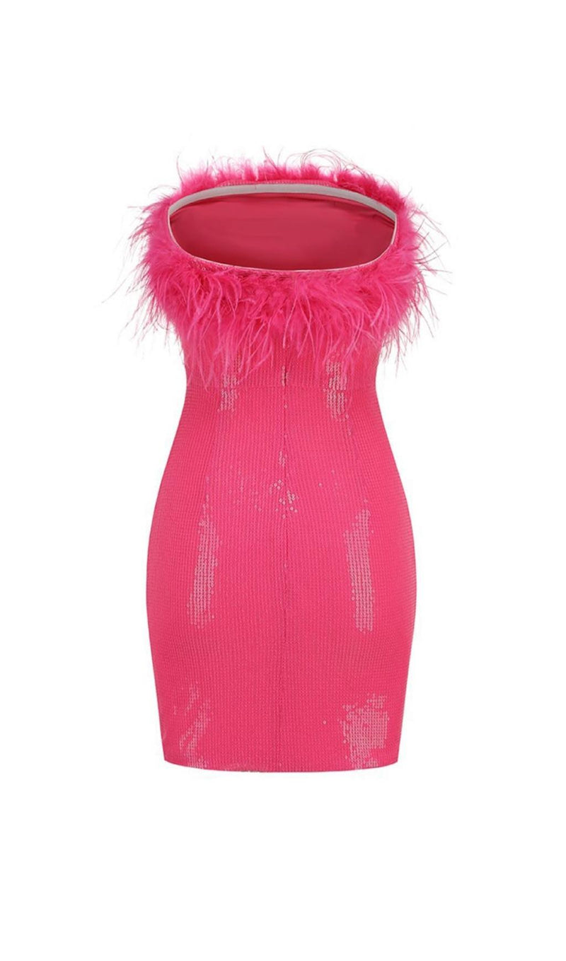 SEQUIN FEATHER STRAPLESS MINI DRESS IN PINK