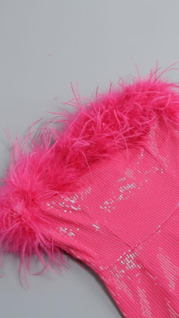 AIIZIE SEQUIN FEATHER STRAPLESS MINI DRESS IN PINK - product image