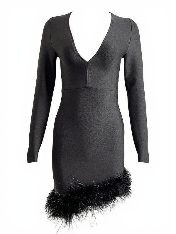 NORI LONG SLEEVE FEATHER TRIMMED BANDAGE DRESS IN BLACK