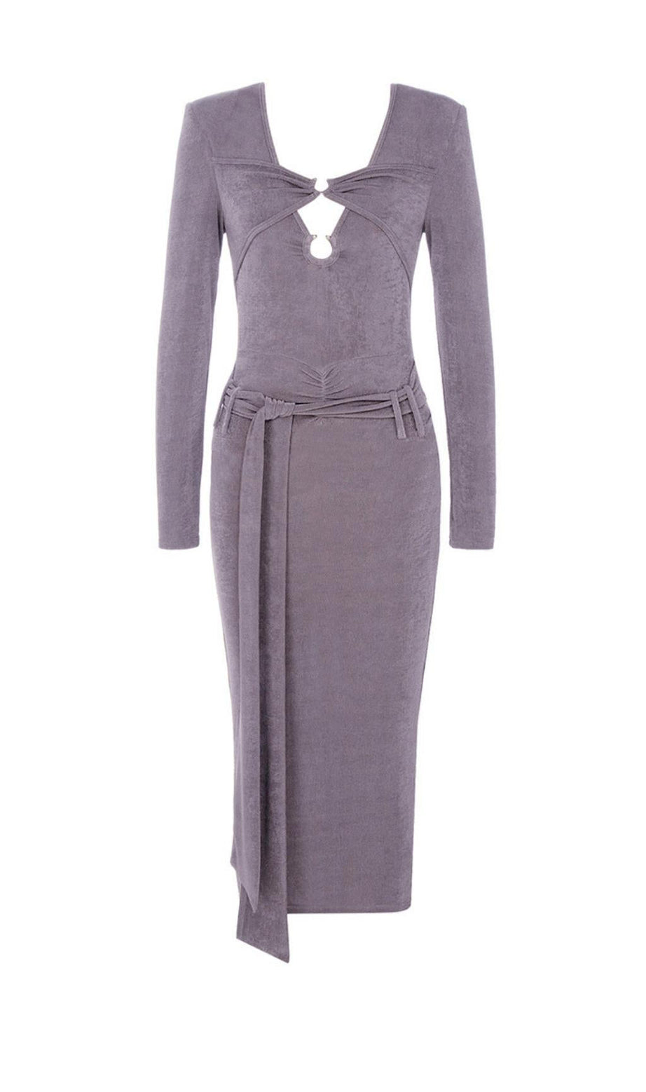 KNIT CUTOUT LONG SLEEVES MIDI DRESS IN PURPLE