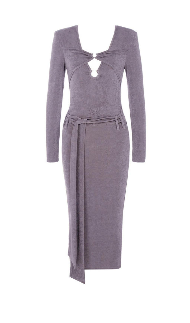 KNIT CUTOUT LONG SLEEVES MIDI DRESS IN PURPLE