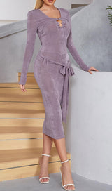 KNIT CUTOUT LONG SLEEVES MIDI DRESS IN PURPLE